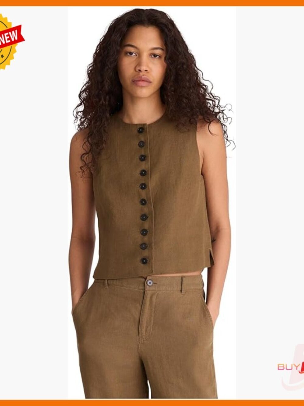 Linen Button-Front Shell Top Sleeveless Tank Regular Fit